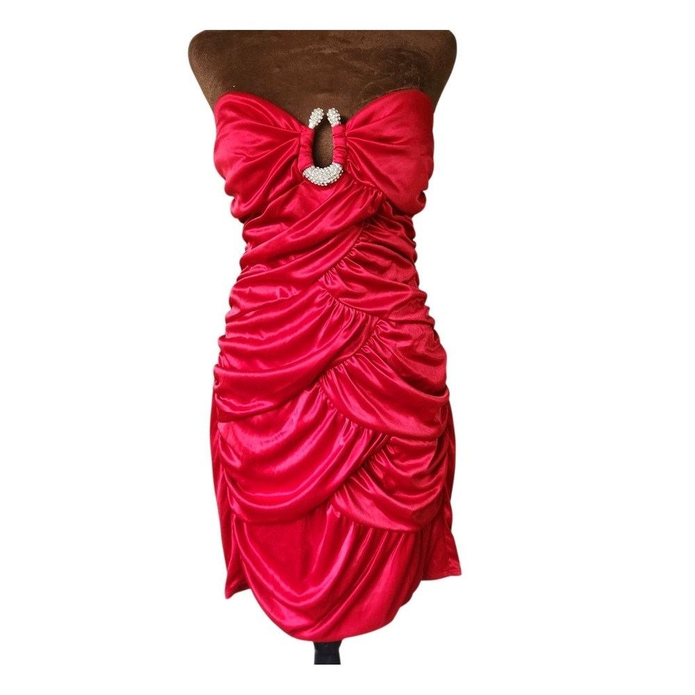 Strapless Ruched Satin Mini Dress with Rhinestone Detail - Pink